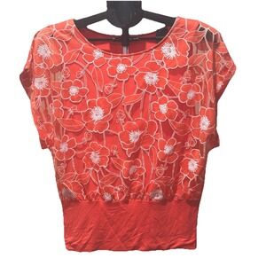 Coral Floral Sheer Overlay Blouse Banded Hem Lightweight Resort Top Chico's Sz 0